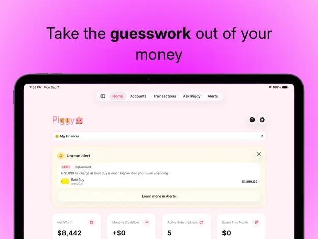Piggy home dashboard on iPad