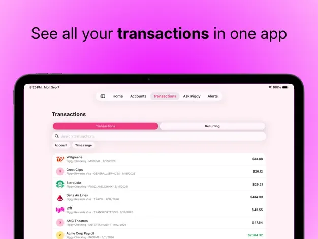 Piggy transaction list on iPad