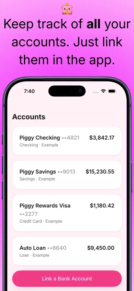 Piggy iPhone screen showing linked checking, savings, credit card, and loan accounts