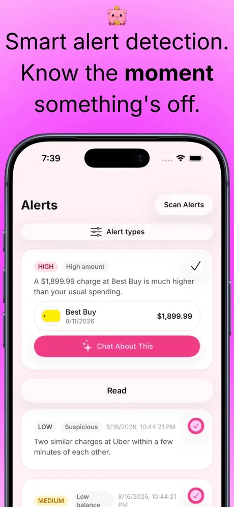 Piggy iPhone alerts screen showing a high amount charge alert