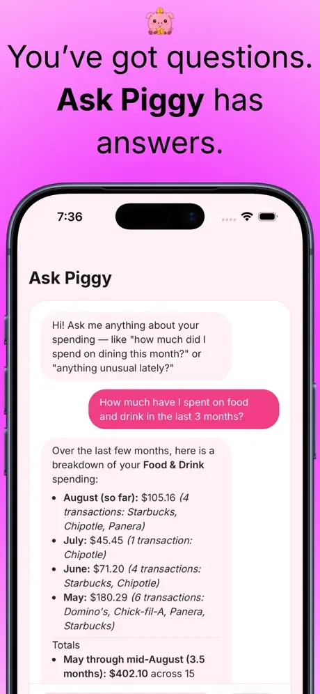 Ask Piggy on iPhone answering a question about food and drink spending