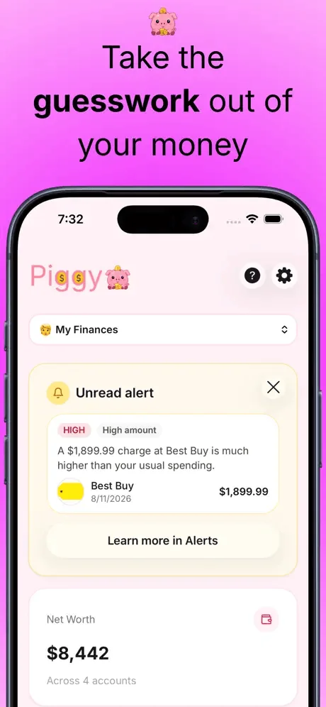 Piggy iPhone home screen showing an alert and net worth