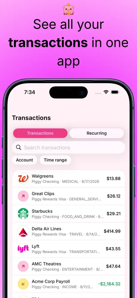 Piggy iPhone transactions screen with a searchable list of spending