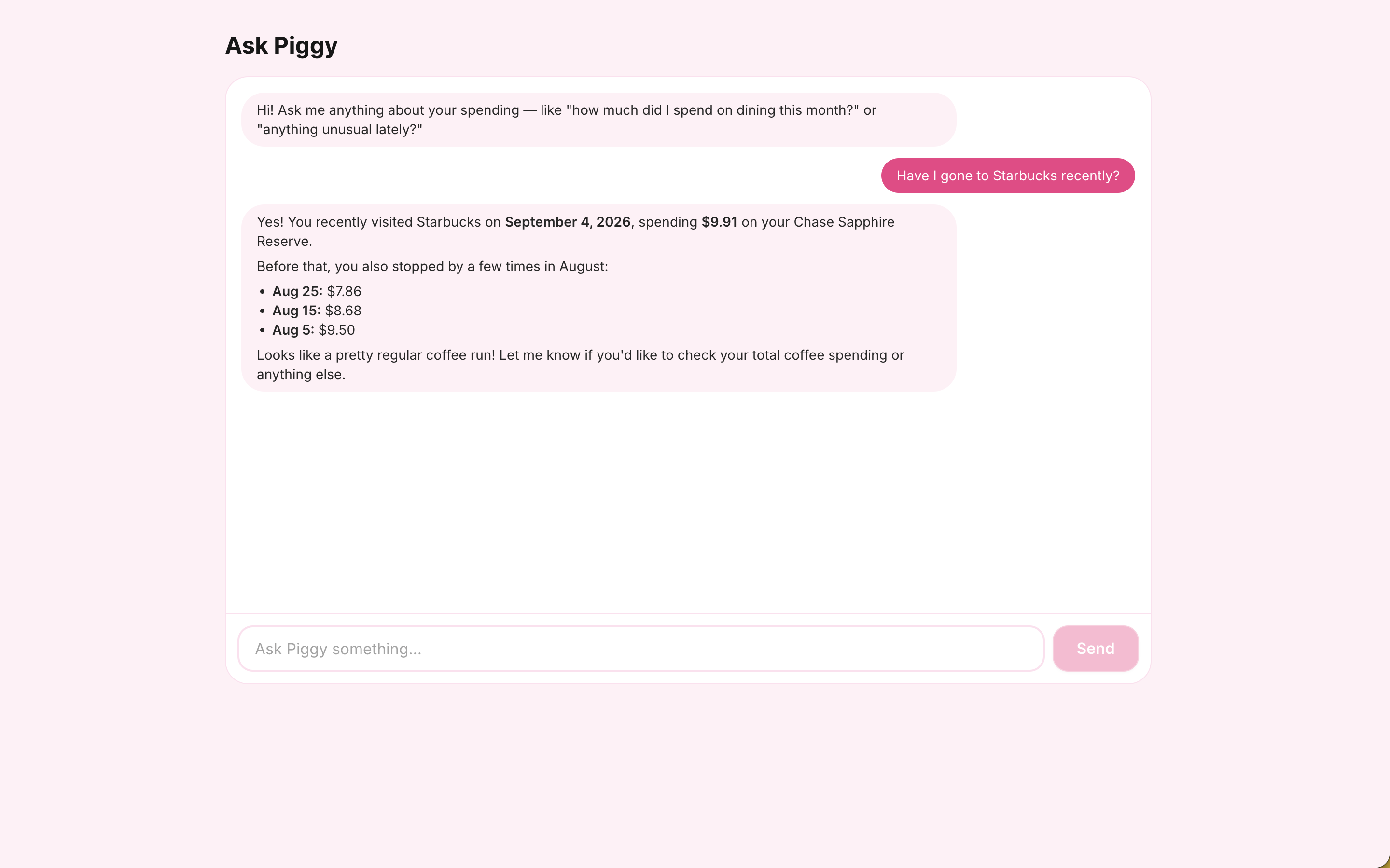 Ask Piggy answering a question about recent spending