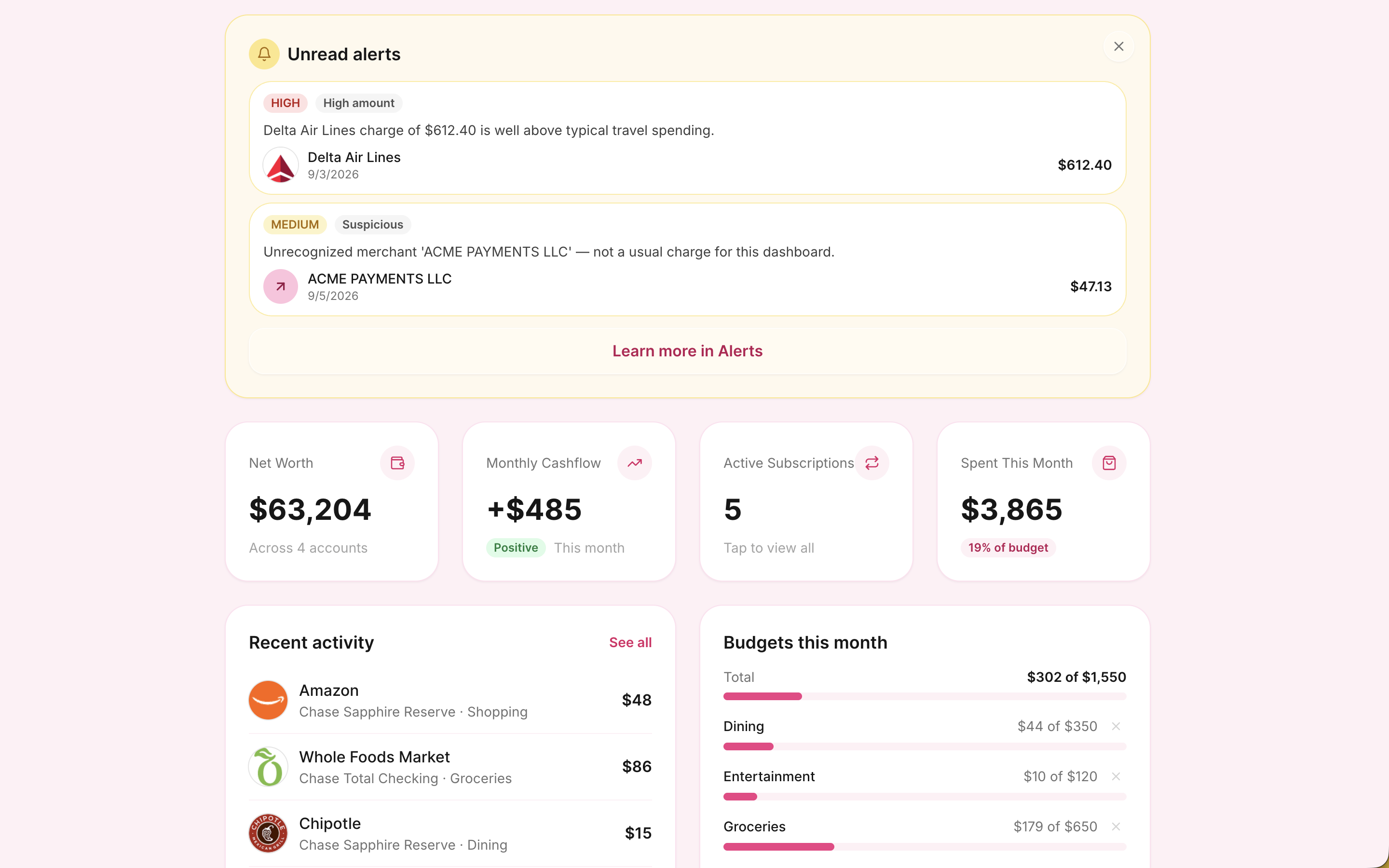 Piggy dashboard showing alerts, net worth, recent activity, and budgets