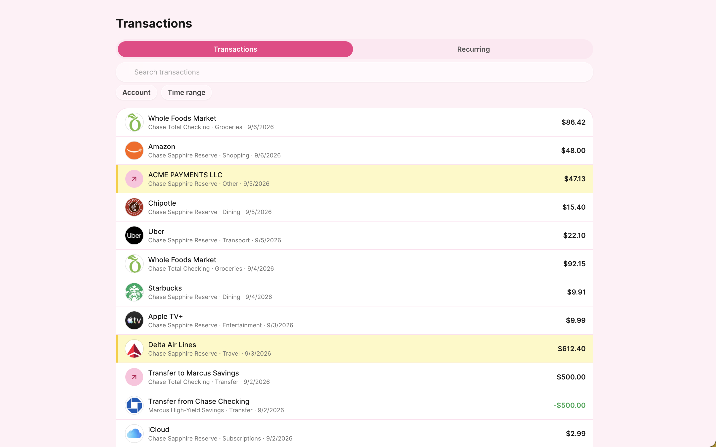 Piggy transactions page with search, categories, and recent purchases